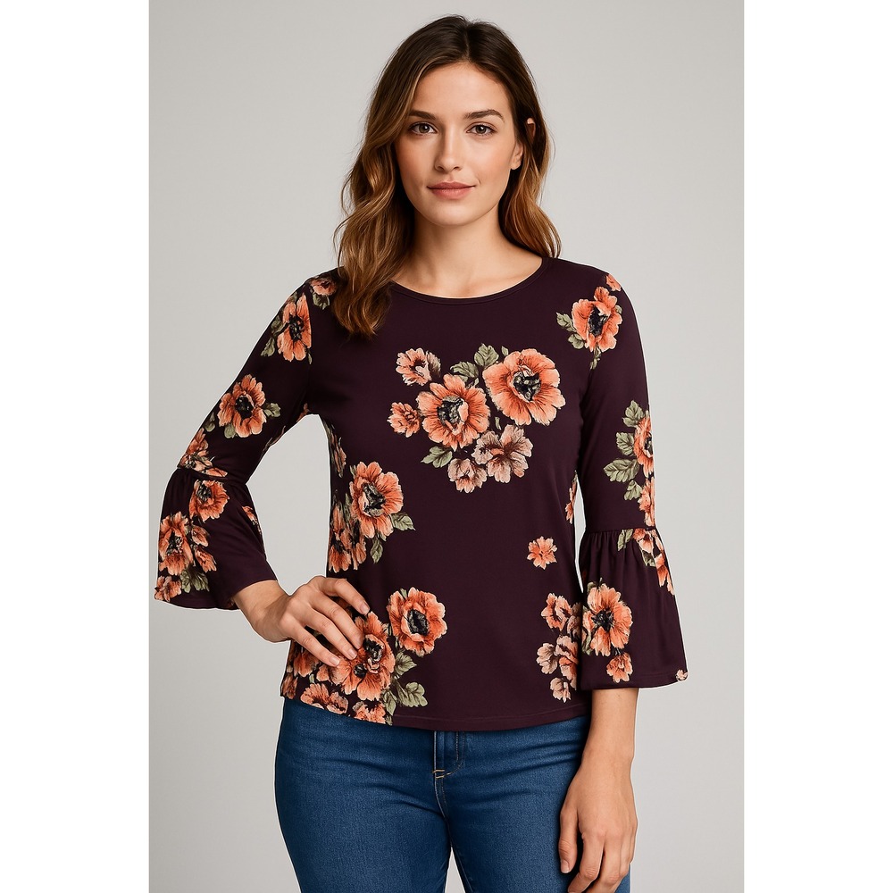 Nine Britton Top Womens S Purple Bell Sleeve Ruffle Floral Boho Blouse Romantic‎